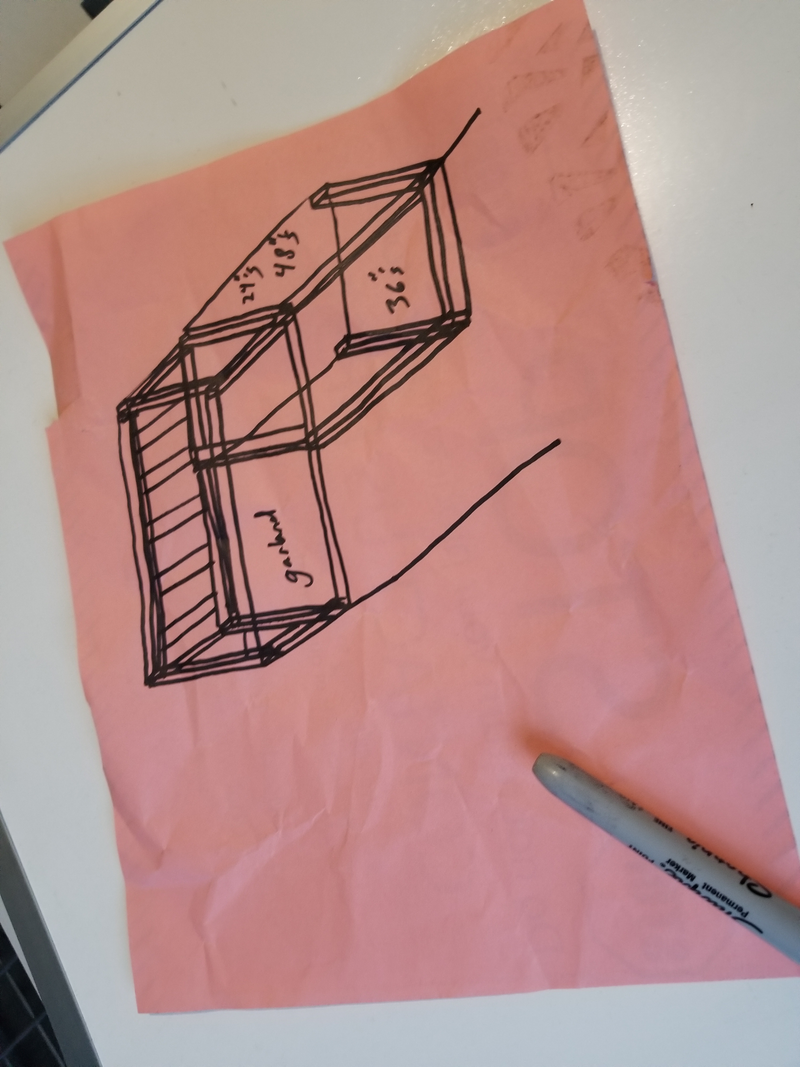 Here’s the initial design. Two open boxes with greenery stuffed inside, in an organized manner. Above the boxes will be more storage space, because the lower sections won’t be enough to fit everything.